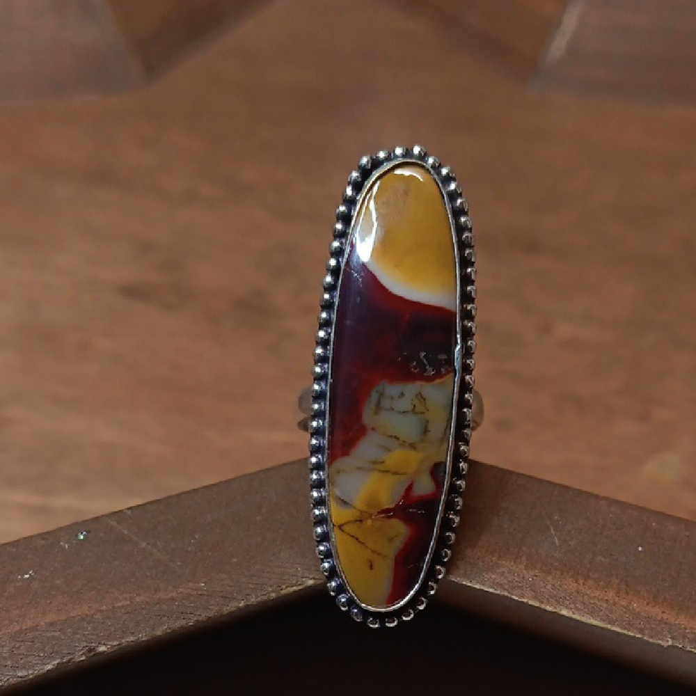 Hand Crafted Oval Multicolor Mookaite Ring - Yellow, Red, Cream